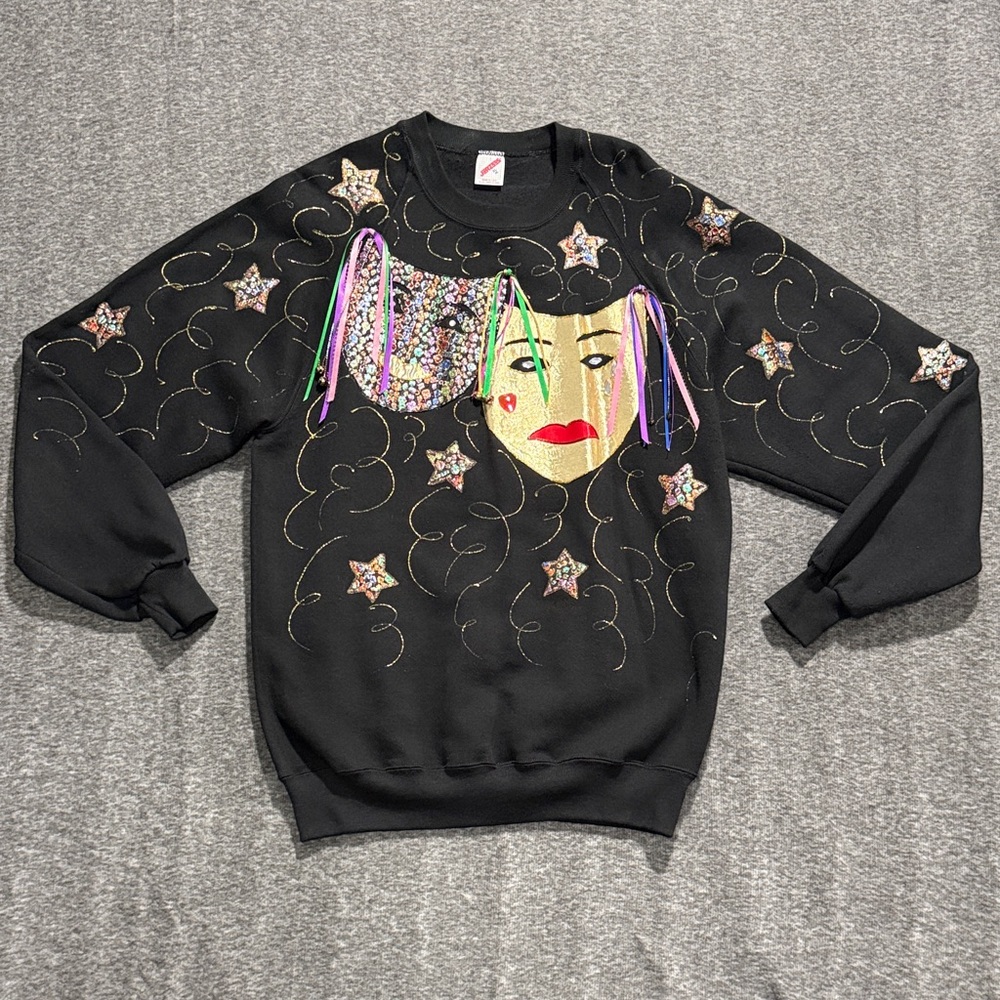 Vintage 90s Black Mardi Gras Masquerade Masks Sweatshirt Signed Hand Painted